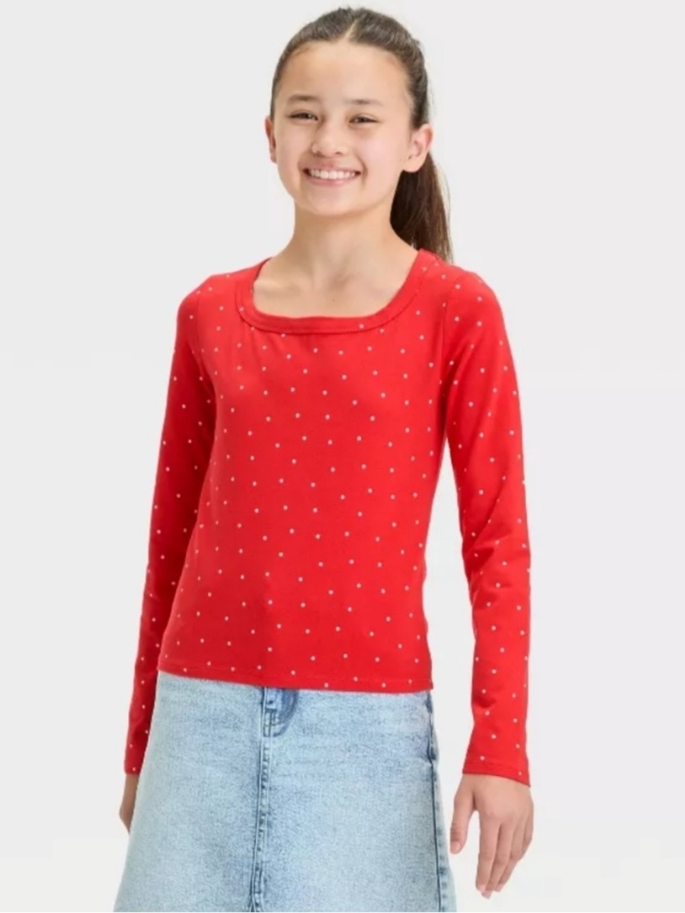 Art Class Girls’ Long Sleeve Polka Dot Shirt - Red L